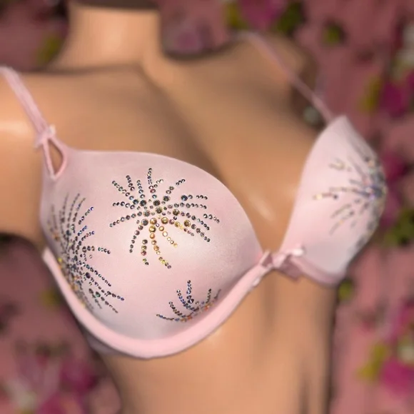 Victorias Secret bra pink bow babydoll lingerie rhinestone Crystal Swarovski 34C